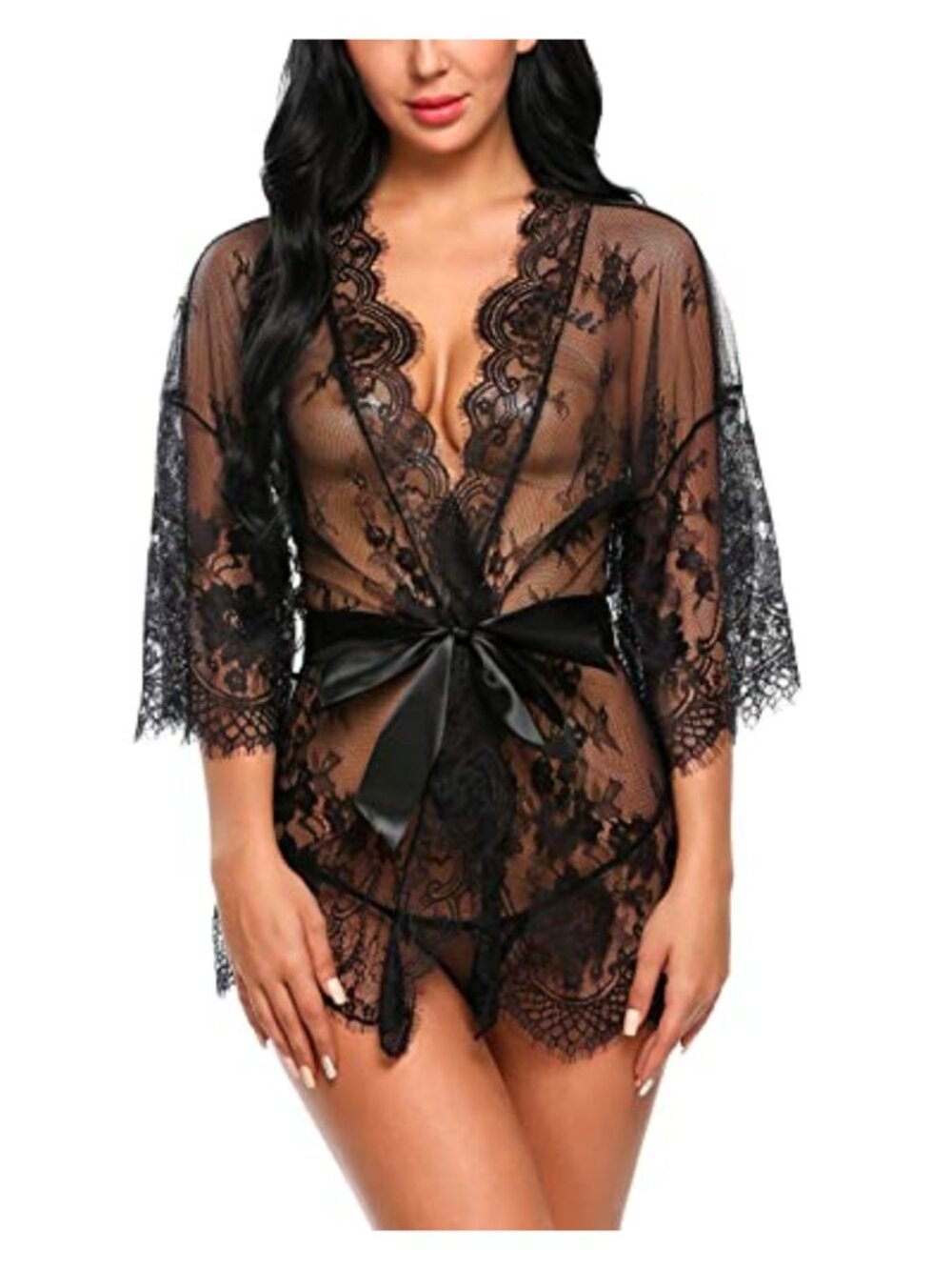 Lace Kimono Robe Babydoll Lingerie Mesh Sleepwear